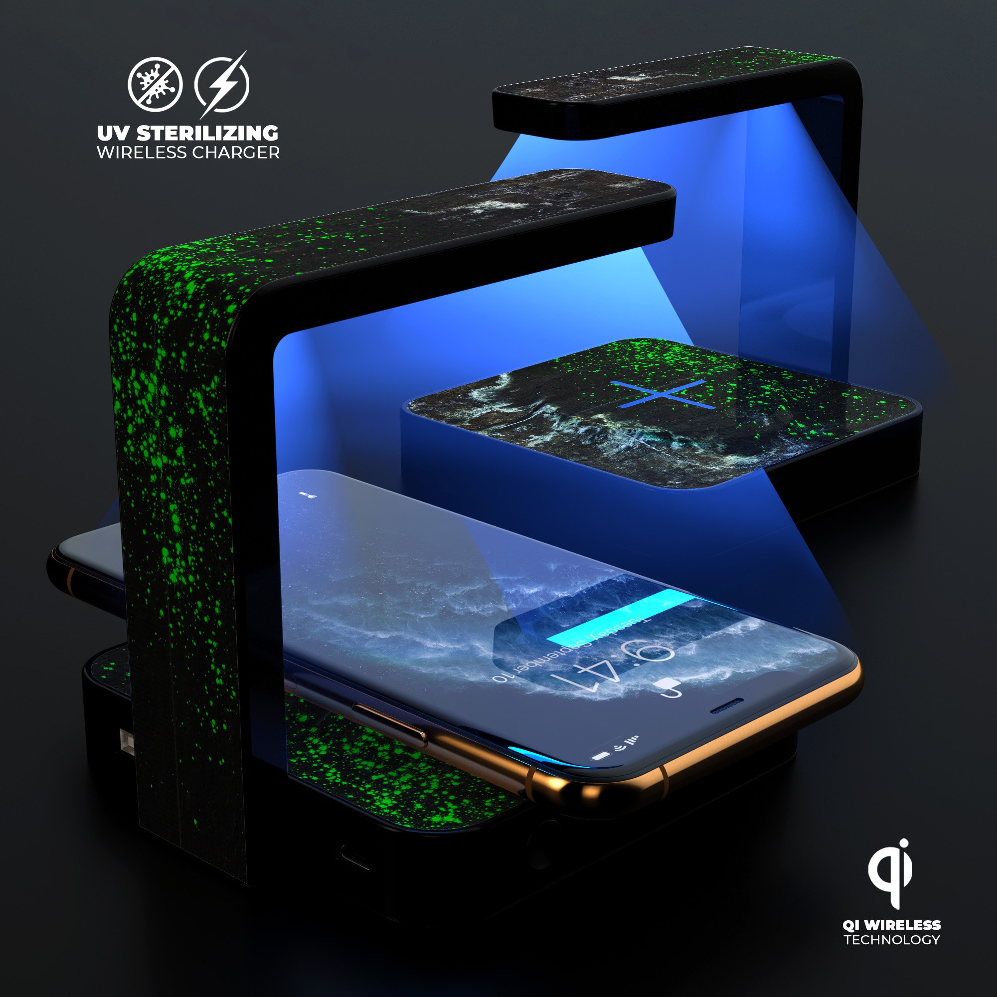 Grungy Green and Black Wood Surface UV Germicidal Sanitizing Wireless Charger with phone on top, showcasing its stylish design and functionality.